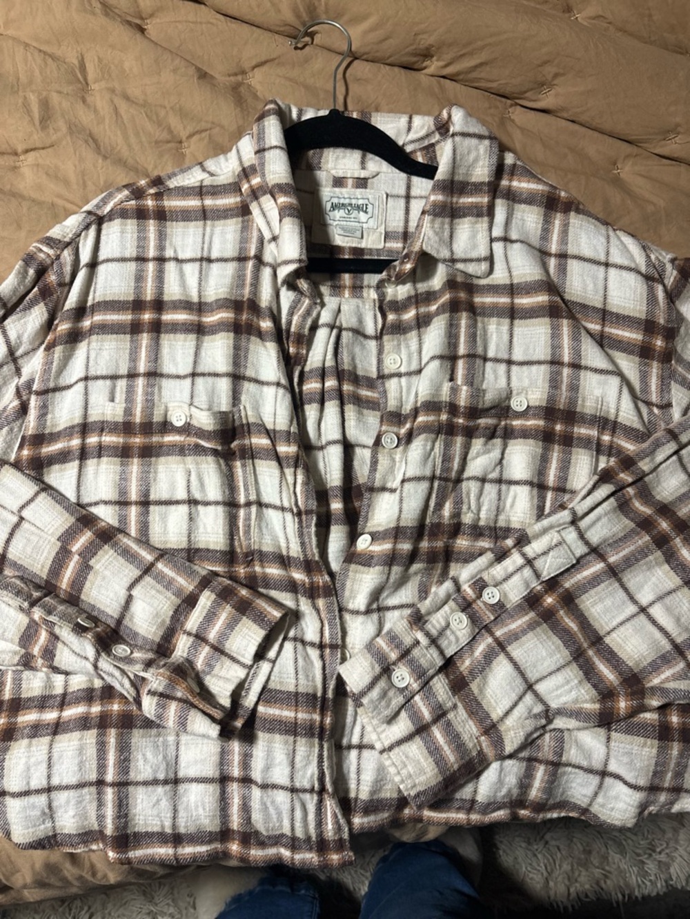 AMERICAN EAGLE Vintage-Inspired Brown & Cream Plaid Flannel Button-Up